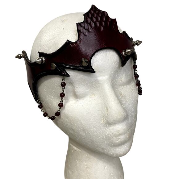 Handmade Leather Red Dragon Gothic Studded Halloween Dark Fairy Crown - Picture 5 of 10